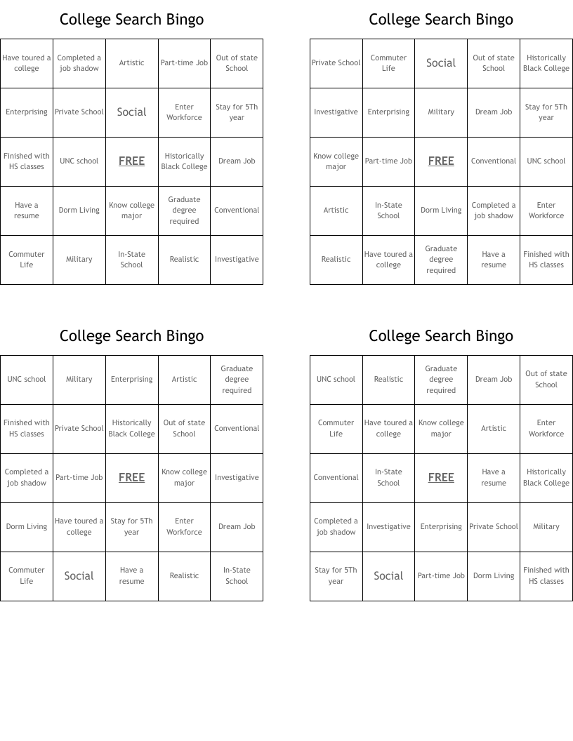 College Search Bingo