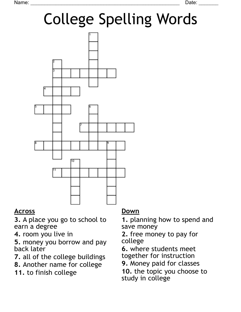 College Spelling Words Crossword
