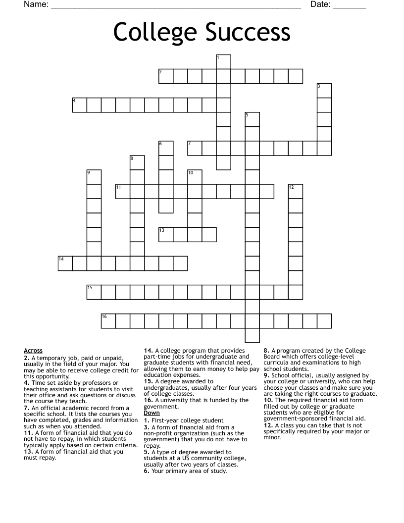College Success  Crossword