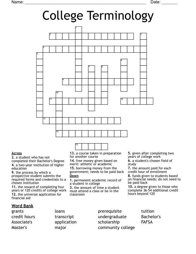 College Terminology Crossword
