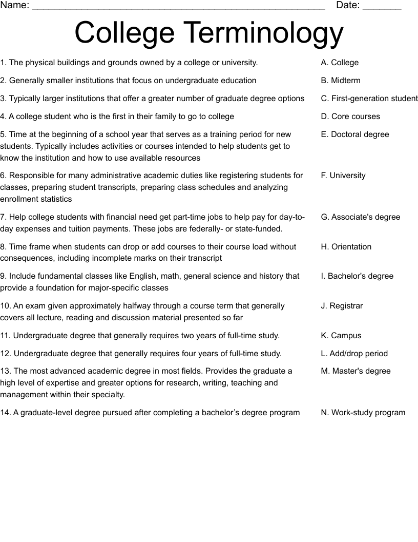 College Terminology Worksheet