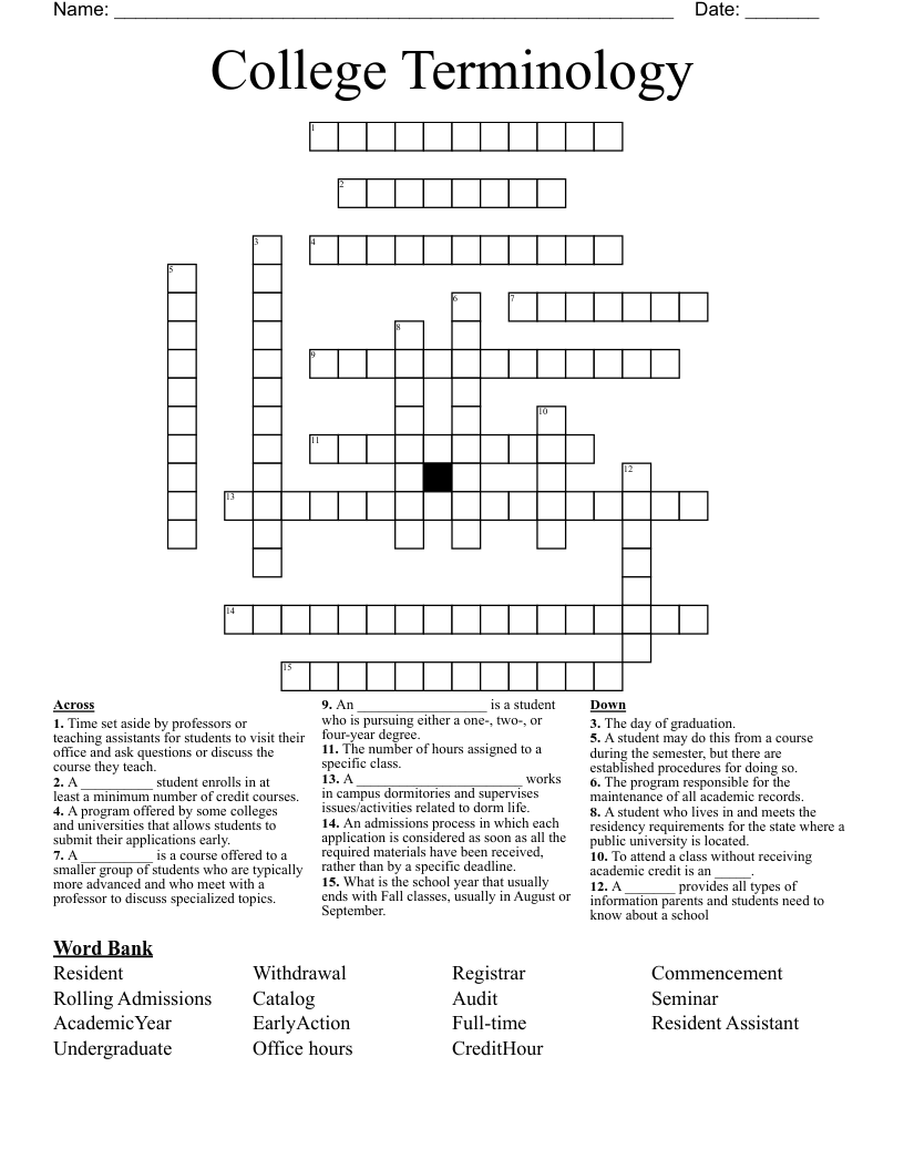 College Terminology Crossword