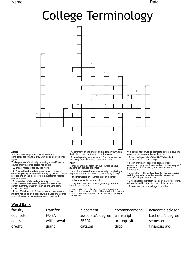 College Terminology Crossword
