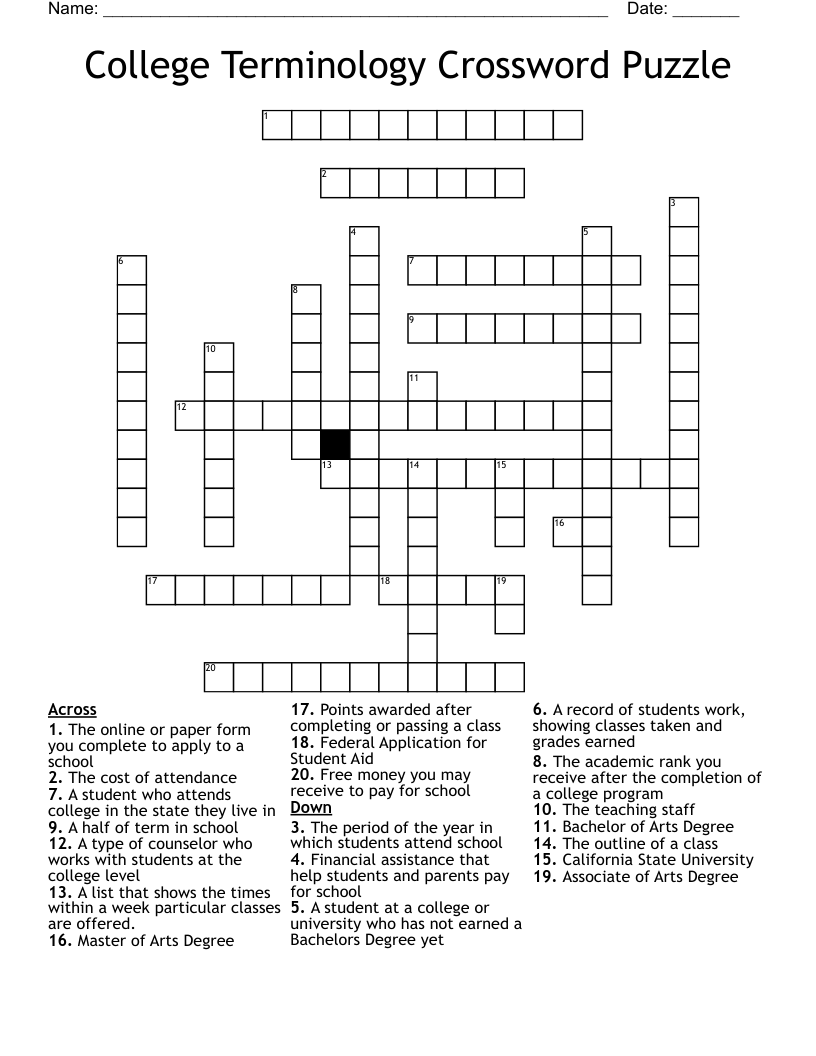 College Terminology Crossword Puzzle