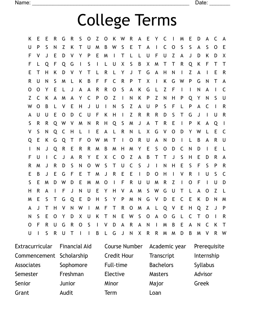 College Terms Word Search
