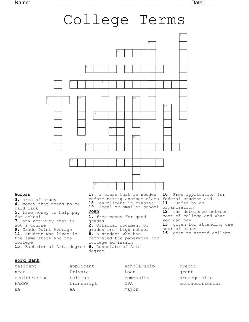 College Terms Crossword