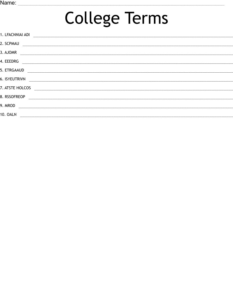 College Terms Word Scramble