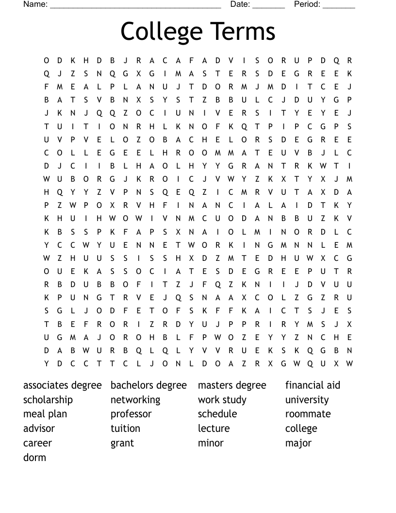 College Terms Word Search