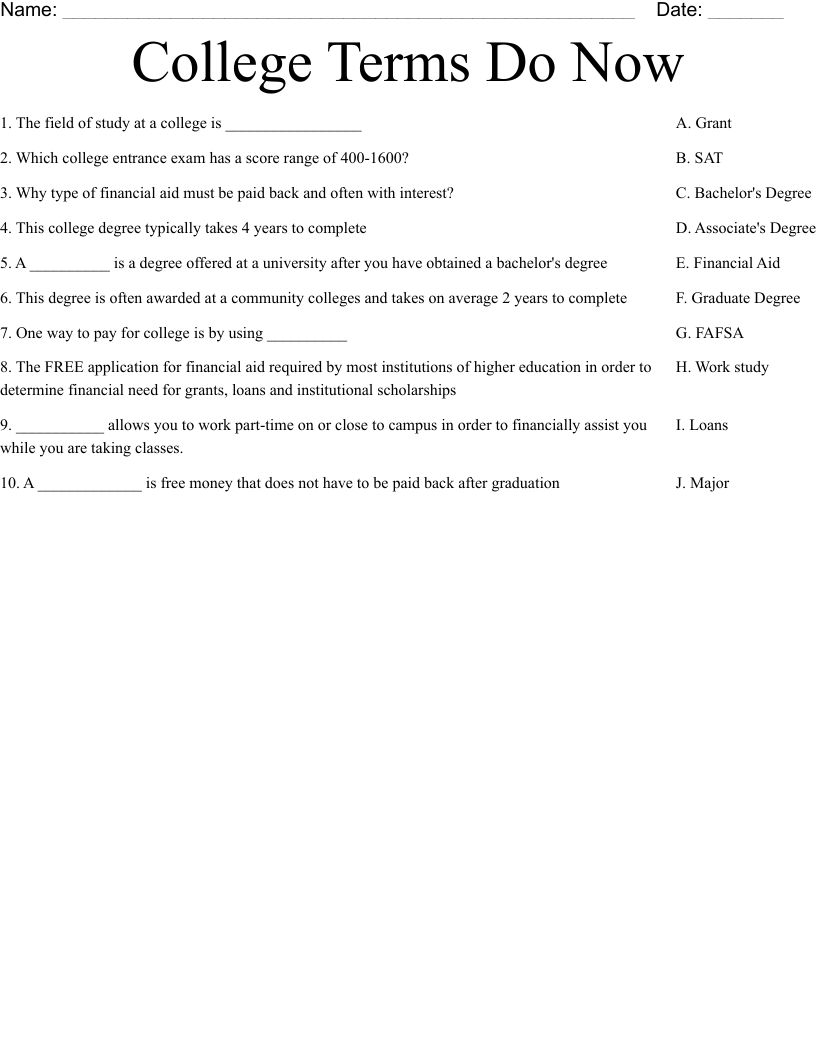 College Terms Do Now Worksheet