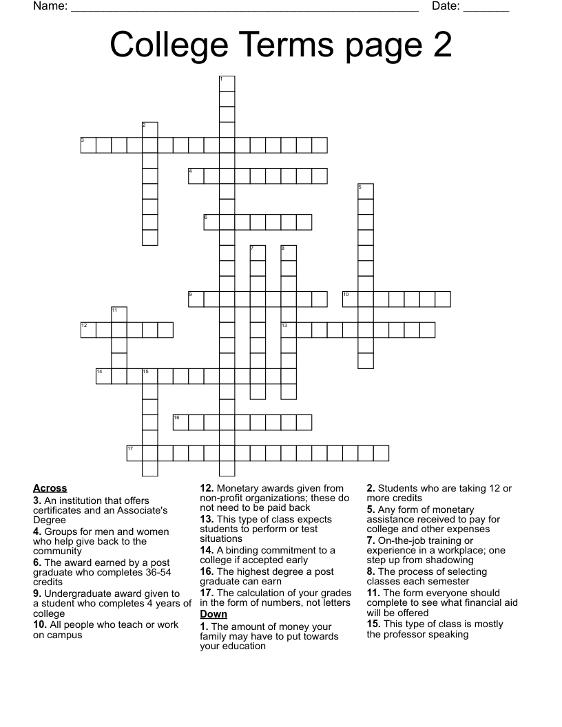College Terms page 2 Crossword