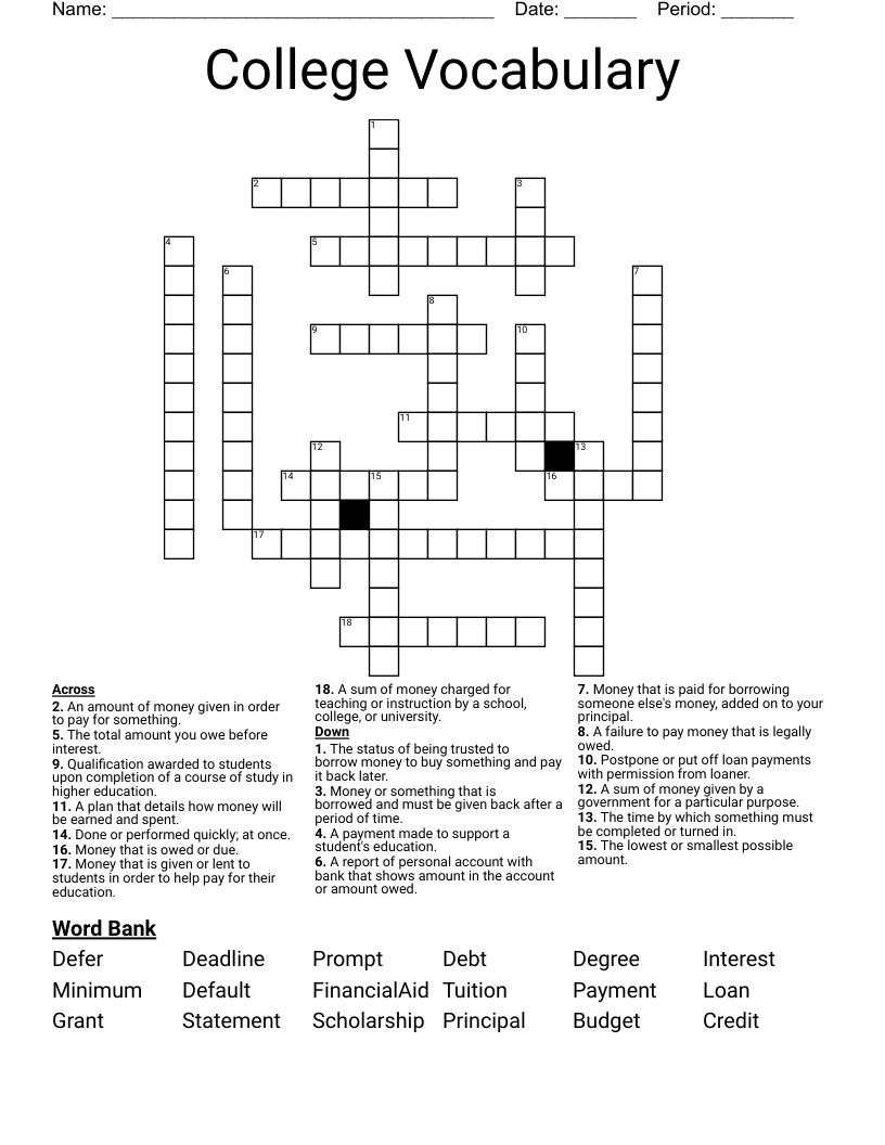 College Vocabulary Crossword