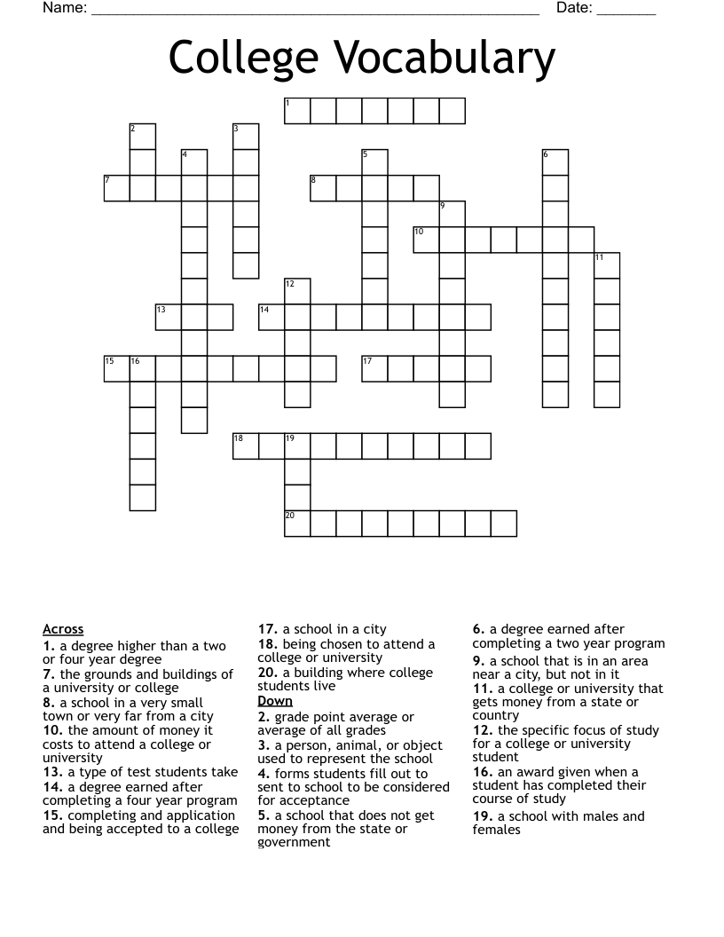 College Vocabulary Crossword