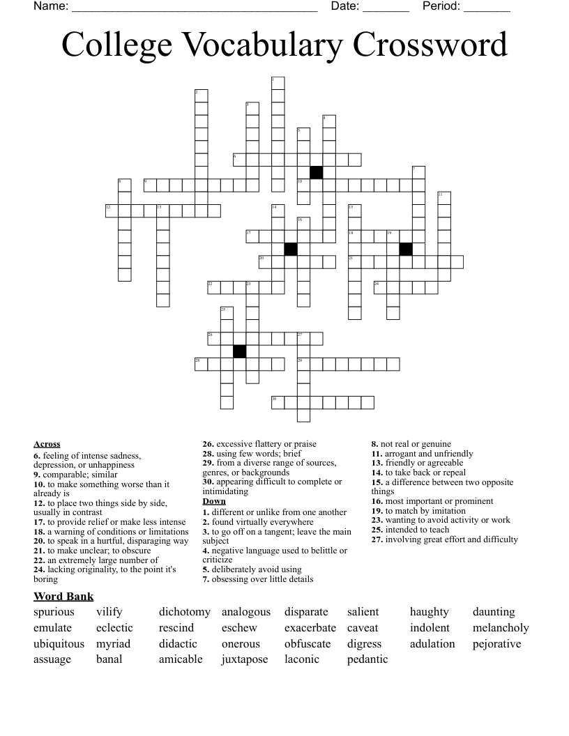College Vocabulary Crossword