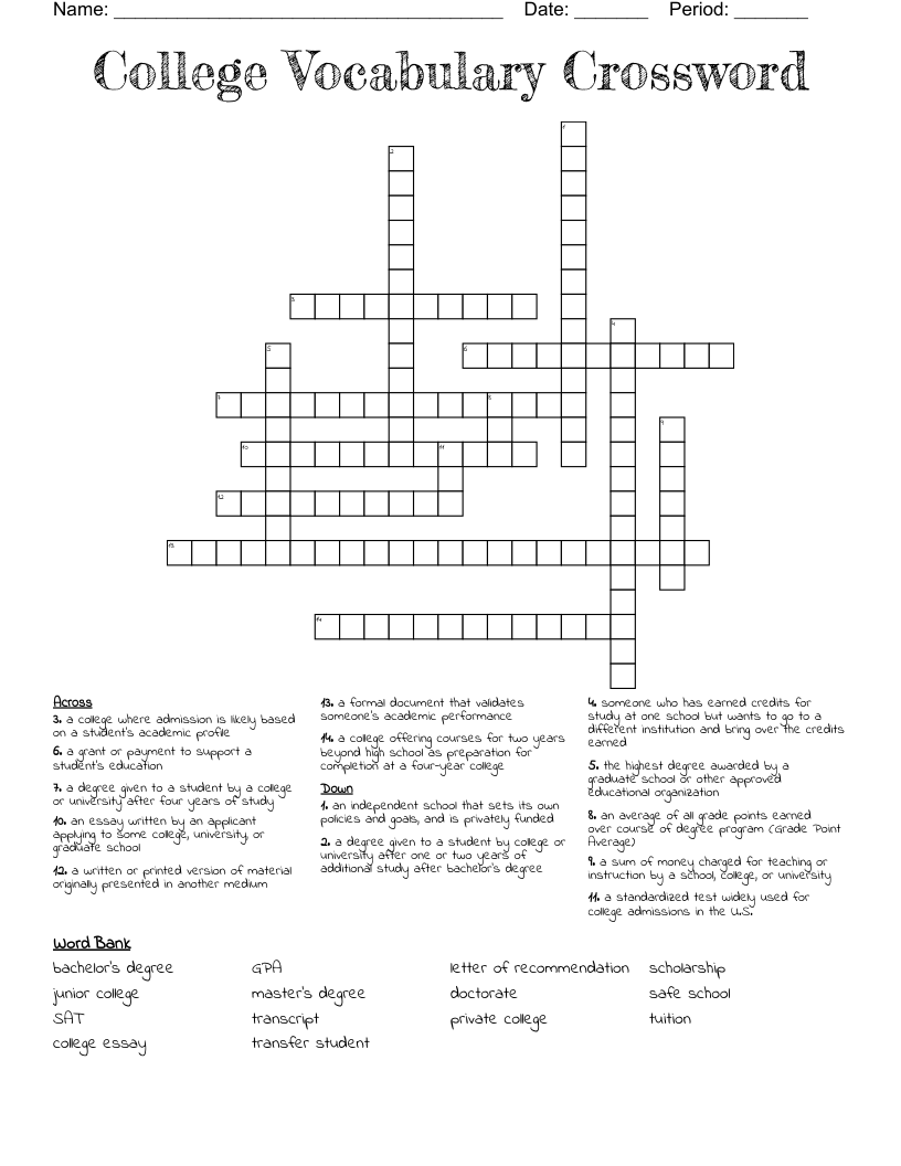 College Vocabulary Crossword