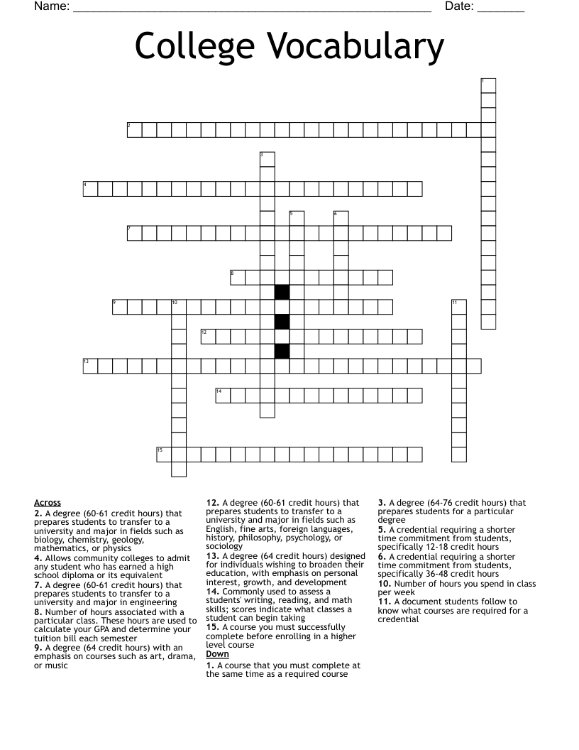 College Vocabulary  Crossword