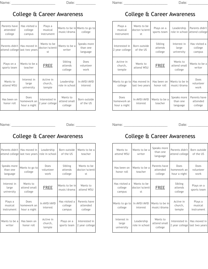 College & Career Awareness Bingo Cards