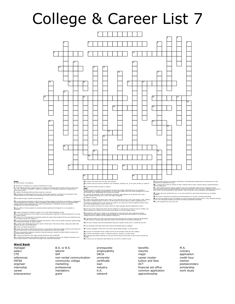 College & Career List 7 Crossword