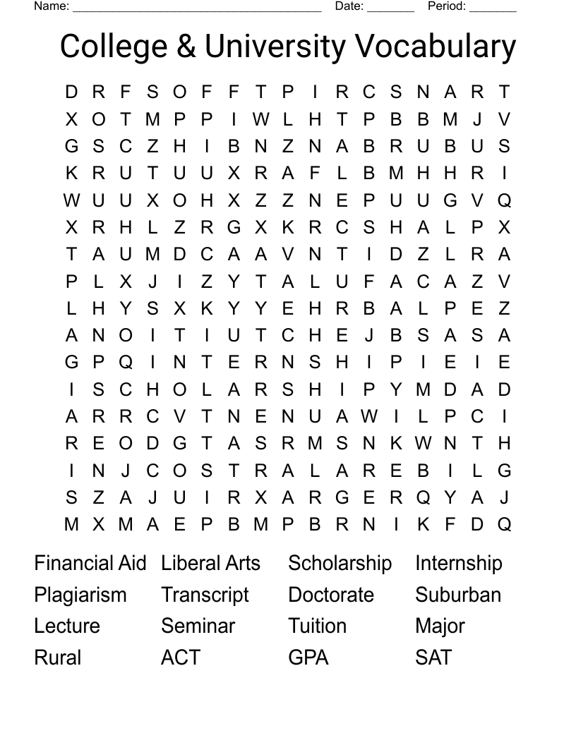 College & University Vocabulary Word Search