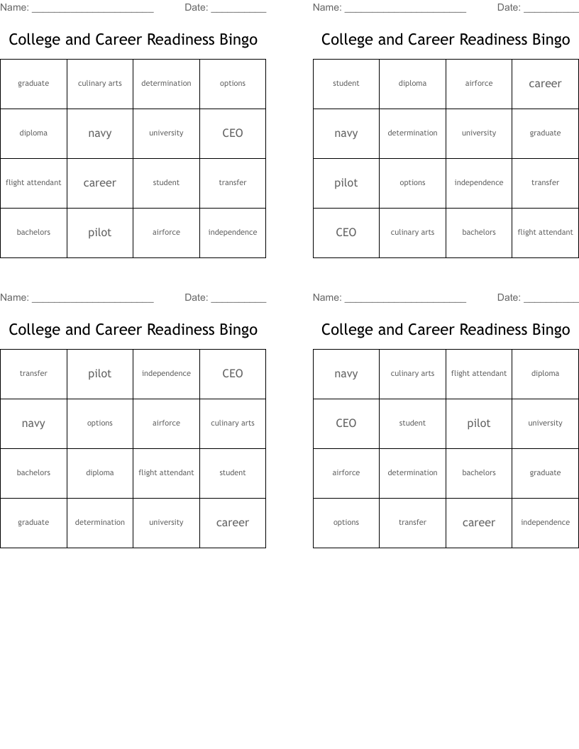 College and Career Readiness Bingo