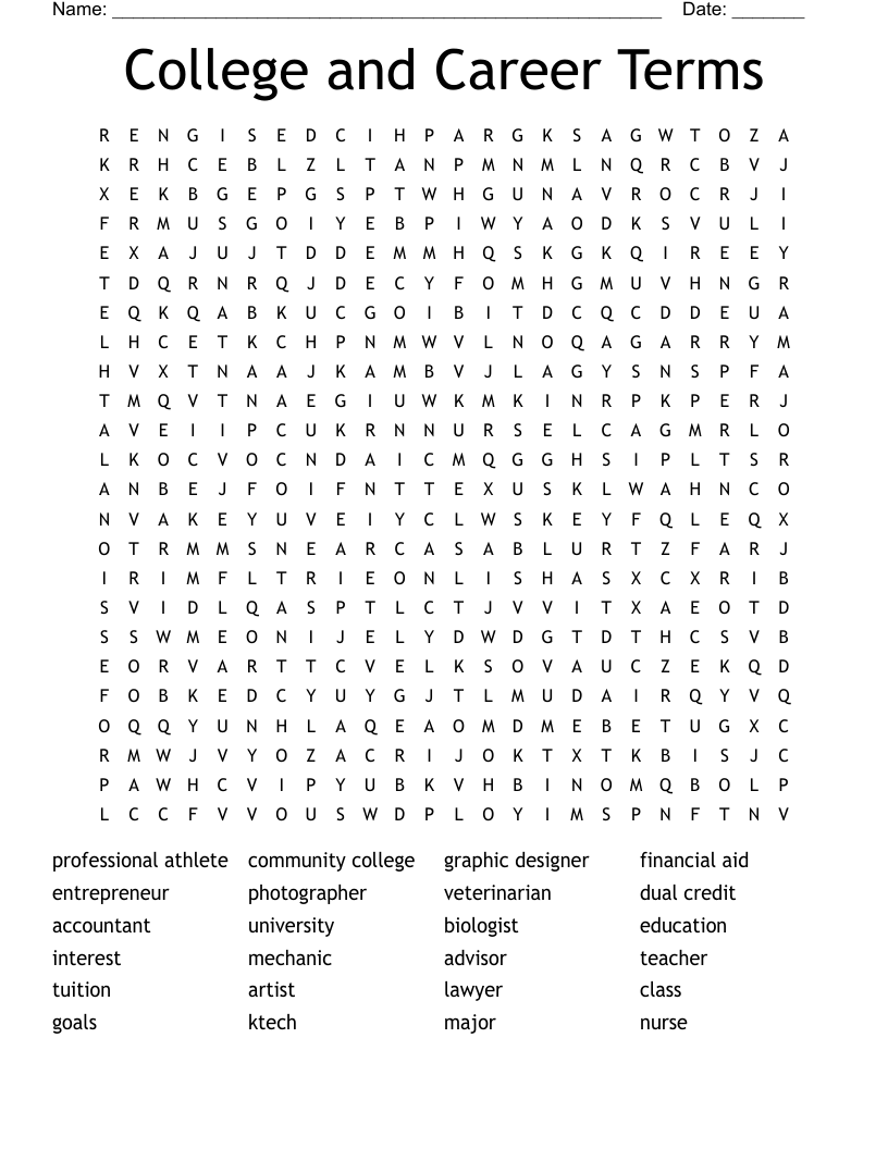 College and Career Terms Word Search