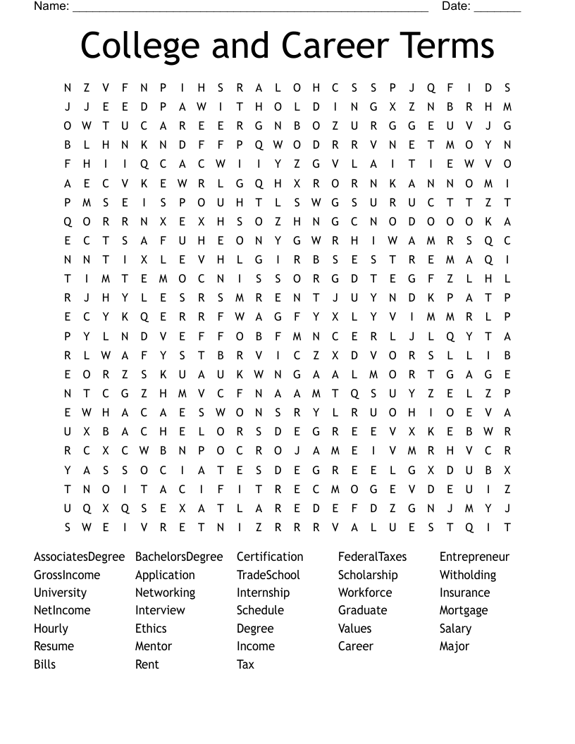 College and Career Terms Word Search