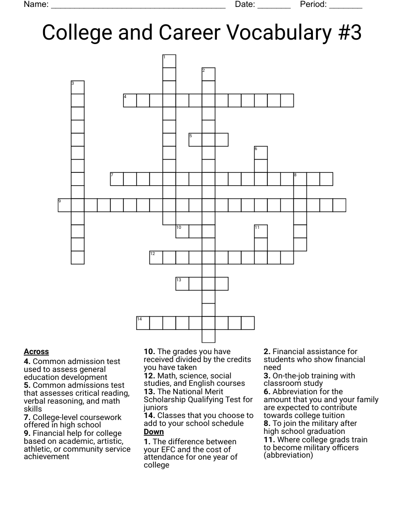 College and Career Vocabulary #3 Crossword