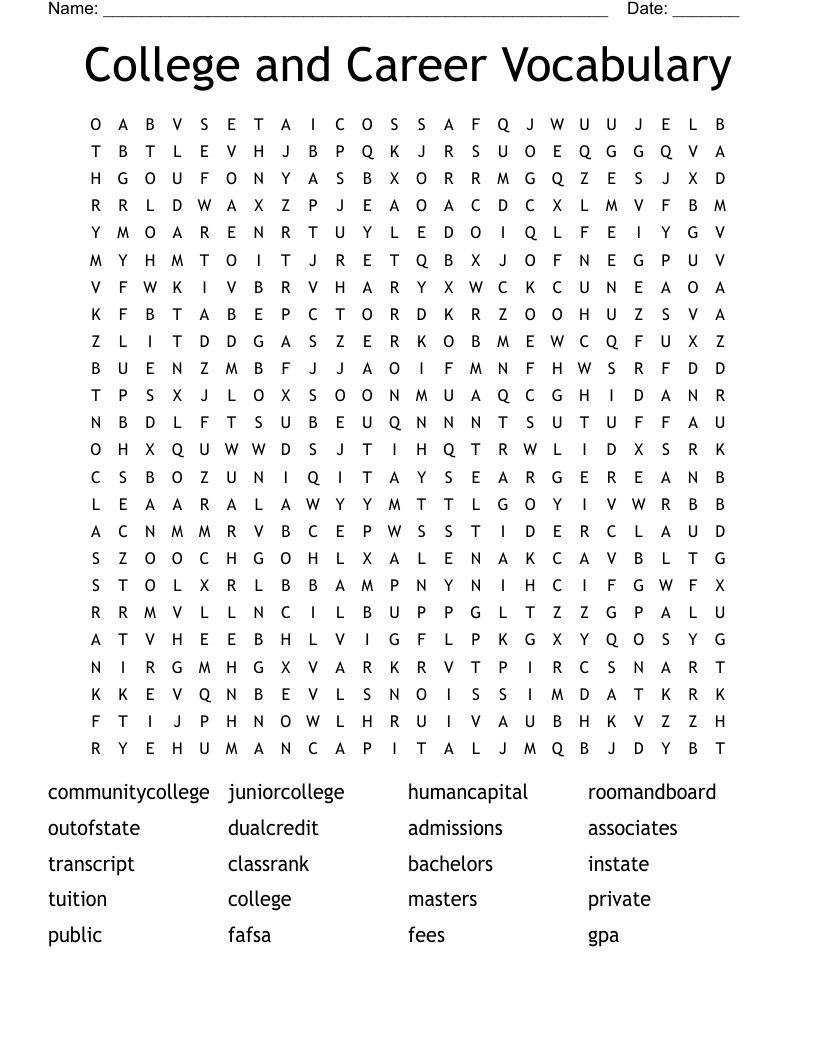College and Career Vocabulary Word Search