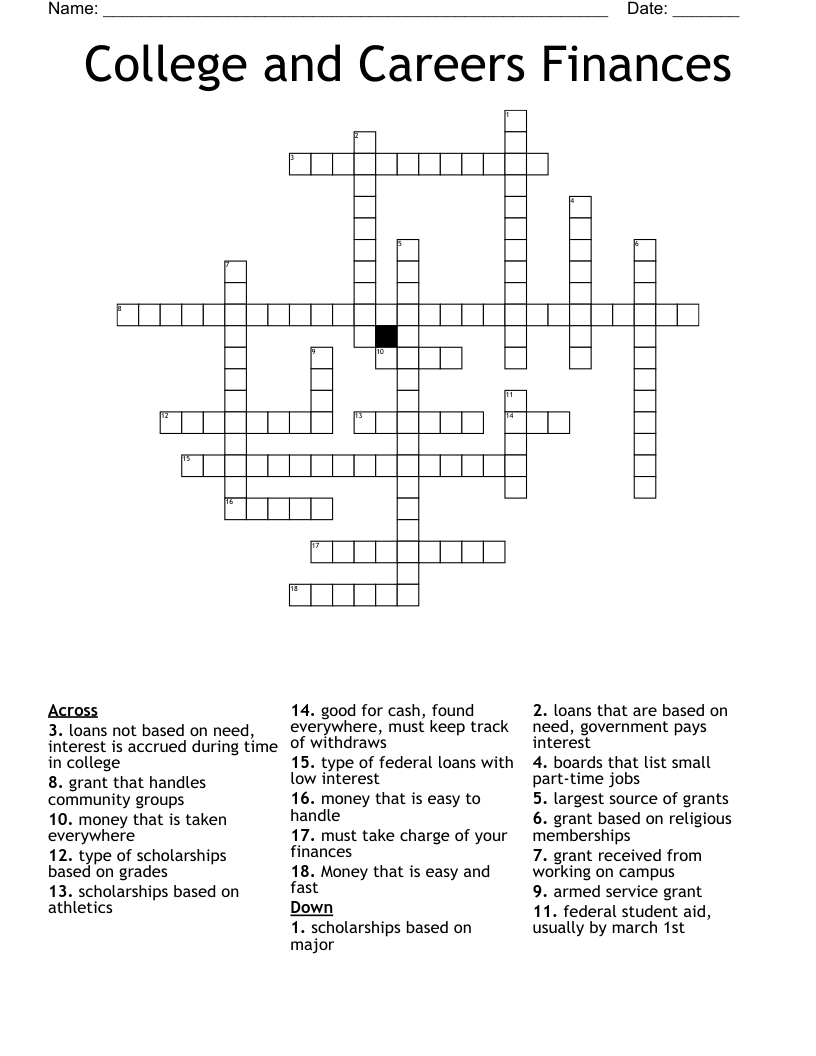 College and Careers Finances Crossword