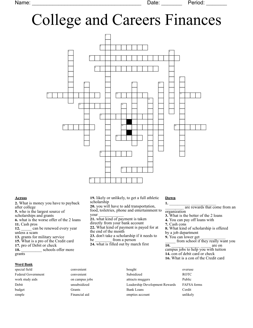 College and Careers Finances  Crossword