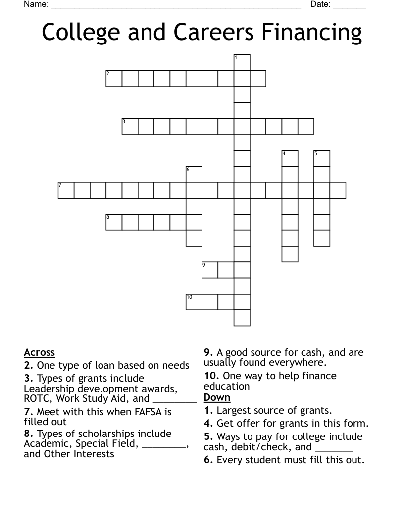 College and Careers Financing Crossword