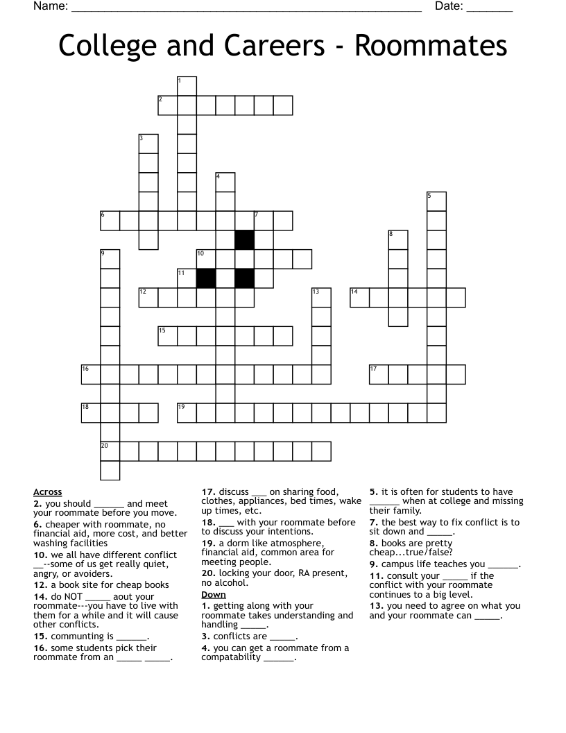 College and Careers - Roommates Crossword