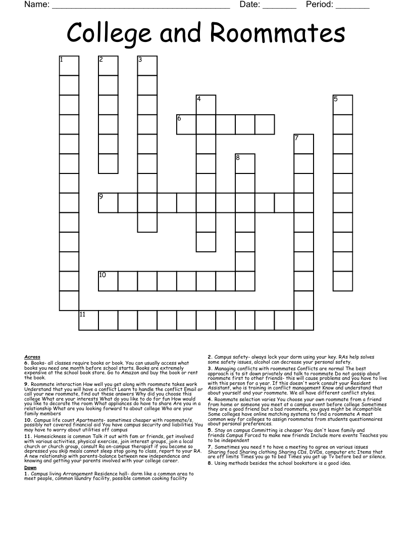 College and Roommates Crossword