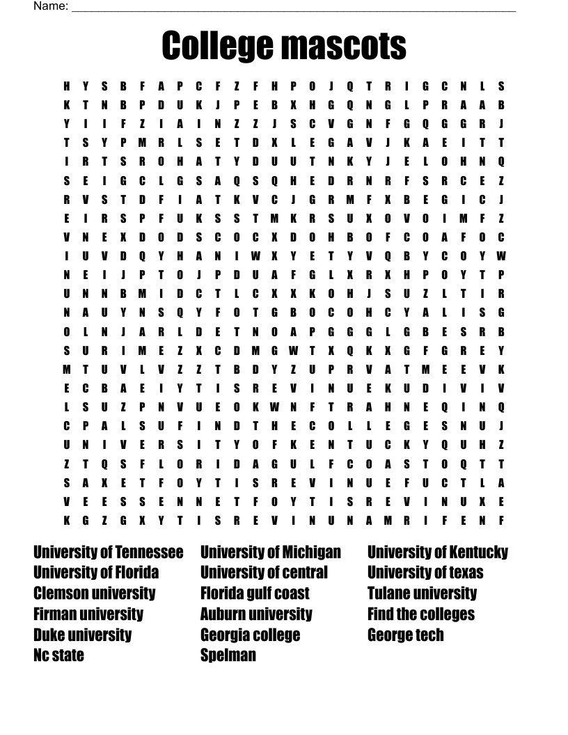 College mascots Word Search