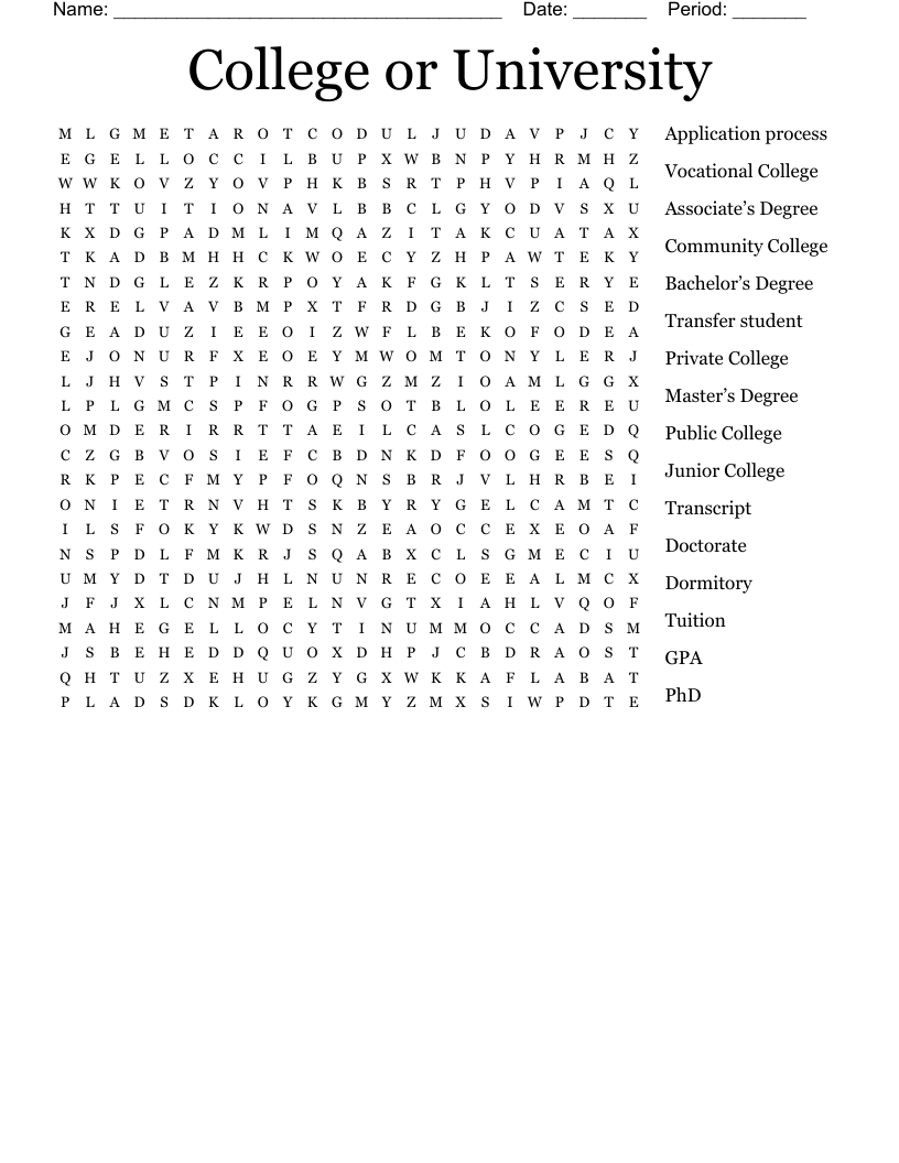 College or University Word Search