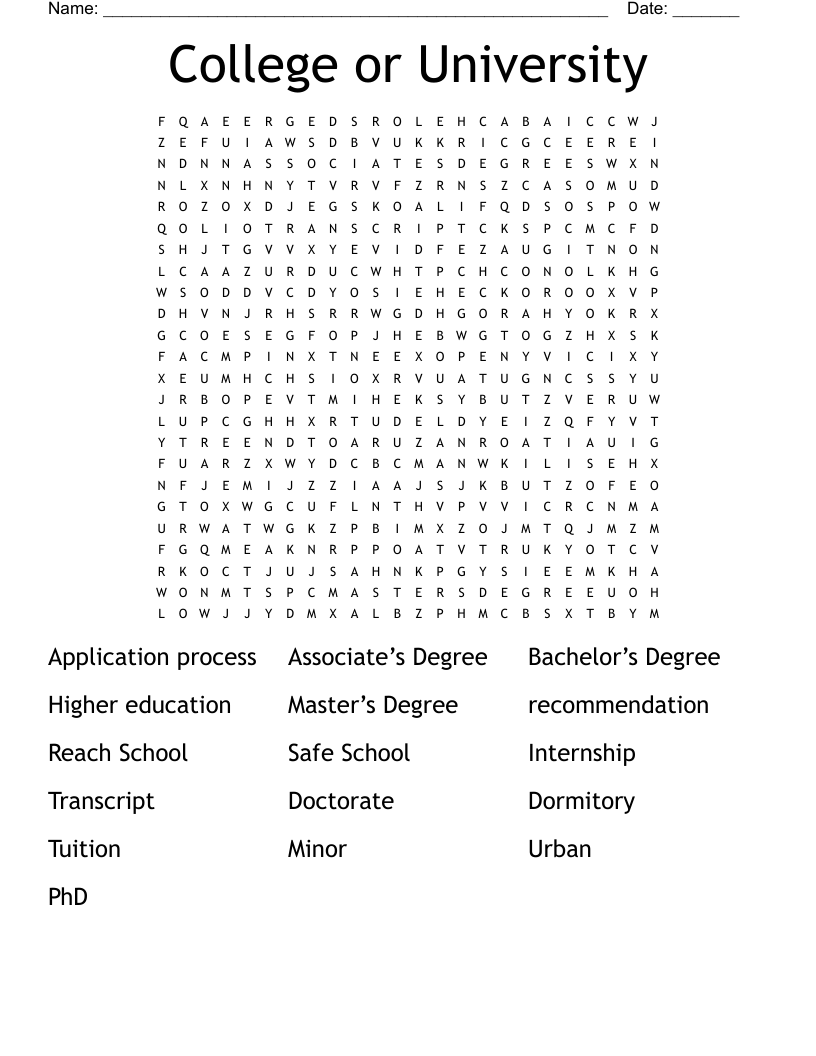 College or  University  Word Search