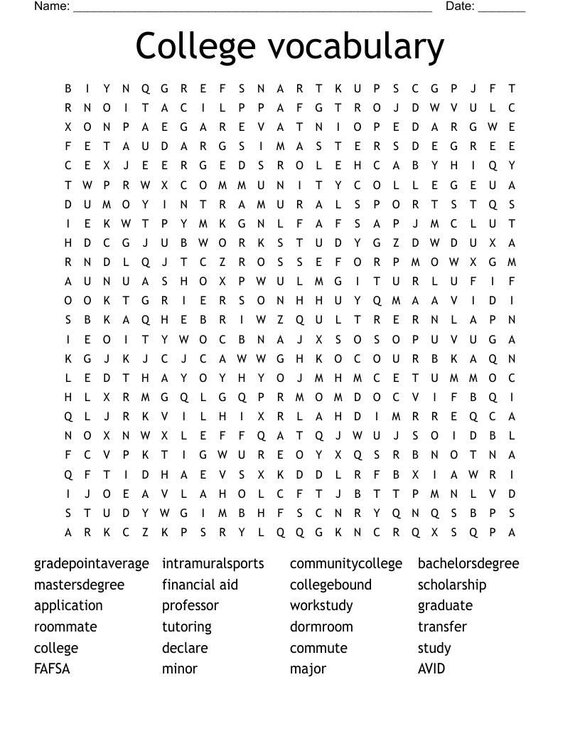 College vocabulary Word Search