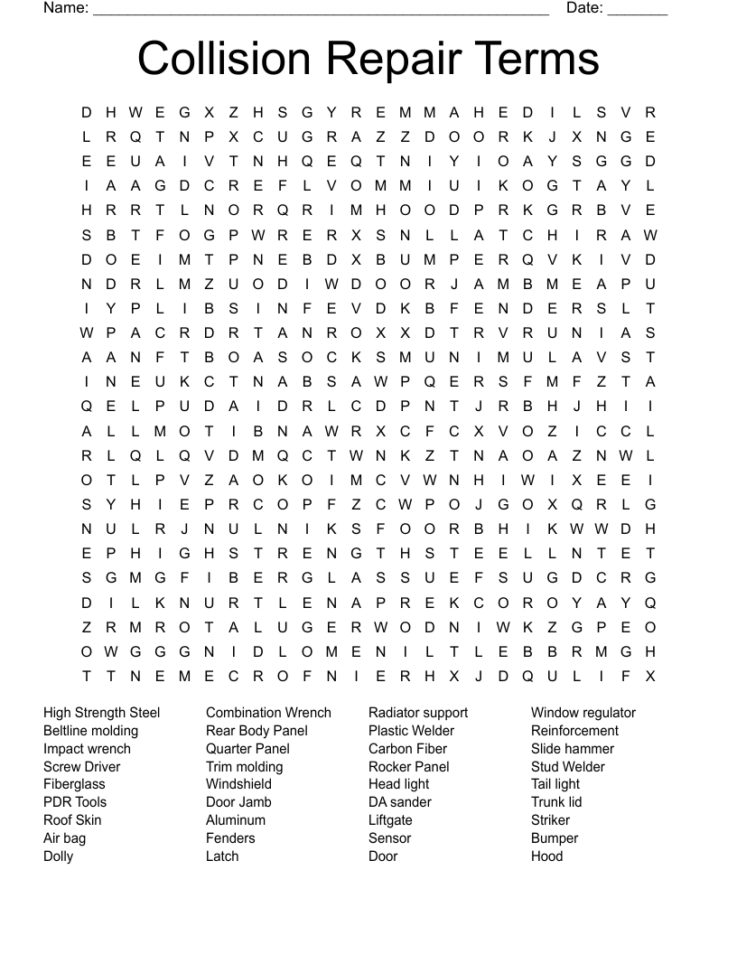 Collision Repair Terms Word Search