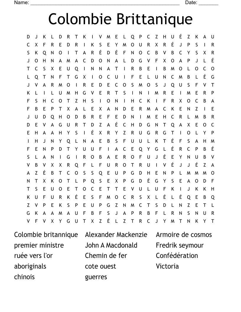 Colombie Brittanique Word Search