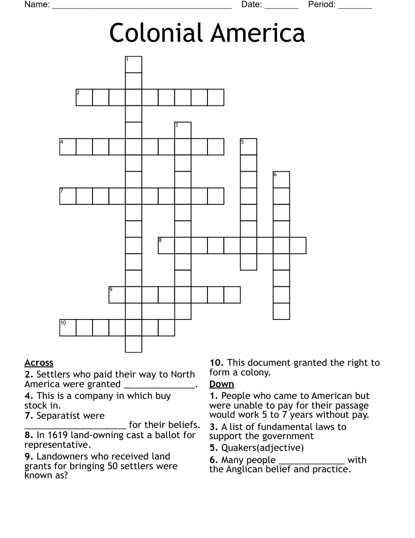 Colonial America Crossword