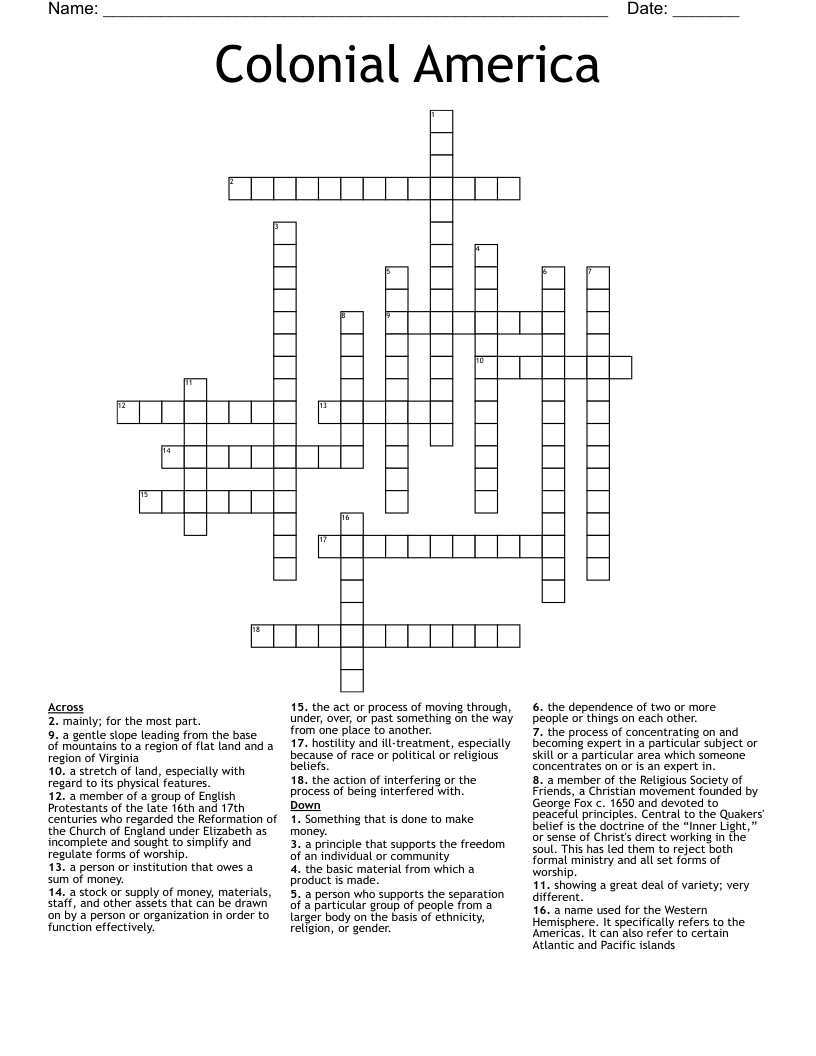 Colonial America Crossword