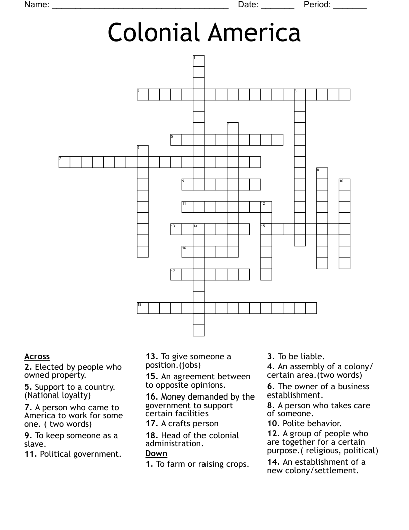 Colonial America Crossword