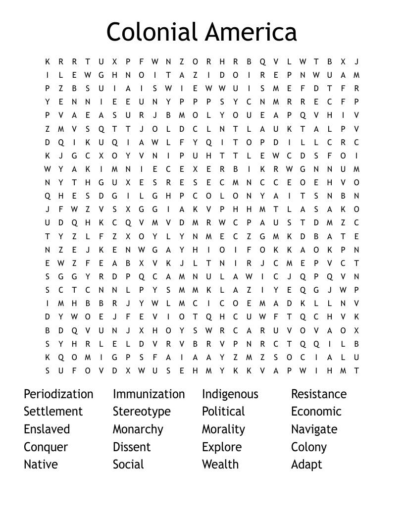 Colonial America Word Search