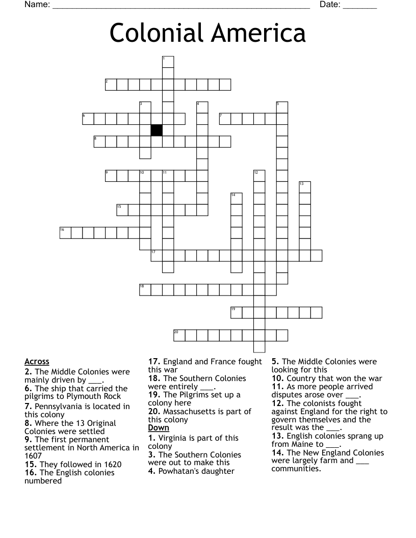 Colonial America Crossword