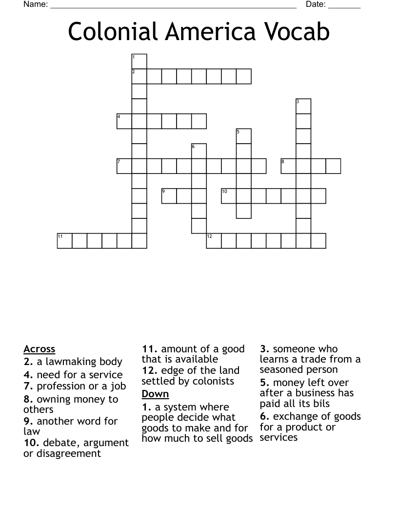 Colonial America Vocab Crossword