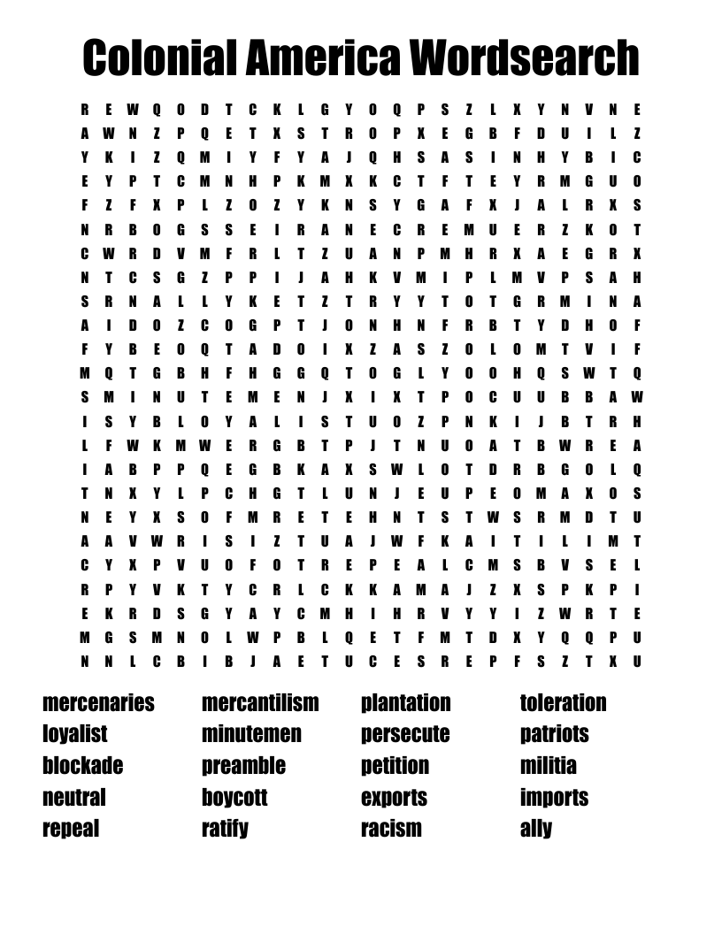 Colonial America Wordsearch