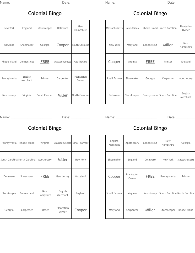 Colonial Bingo