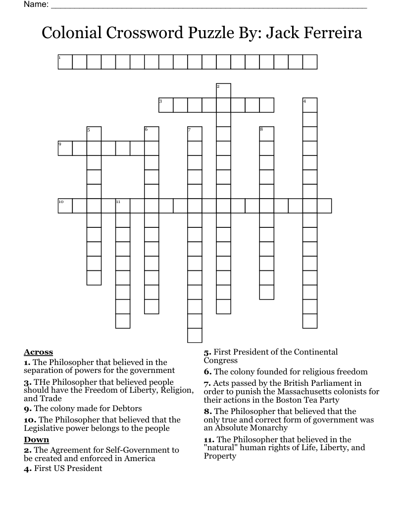 Colonial Crossword Puzzle By: Jack Ferreira