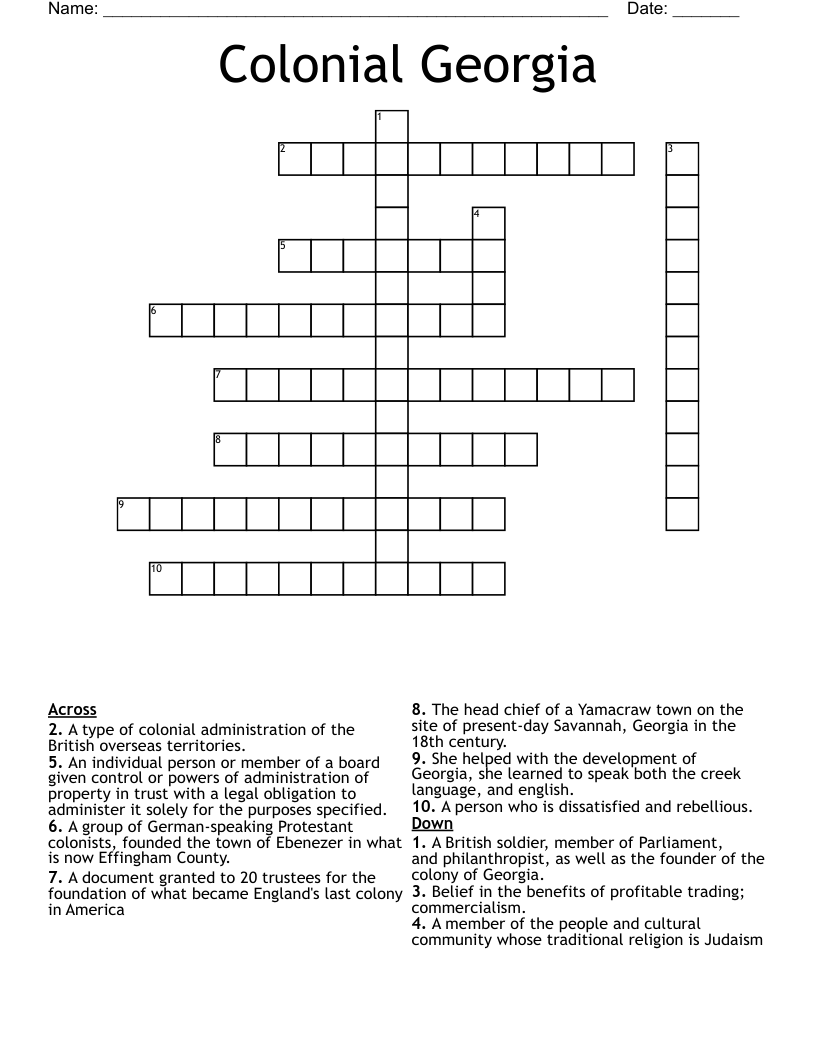 Colonial Georgia Crossword