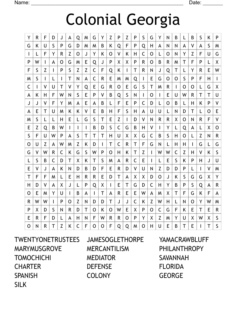 Colonial Georgia Word Search
