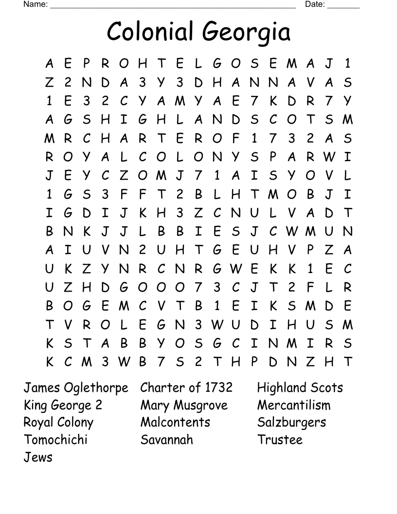 Colonial Georgia Word Search